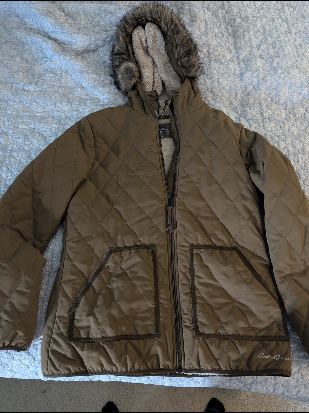 Eddie Bauer Quilted Hooded Puffer Jacket - Brown Size Large